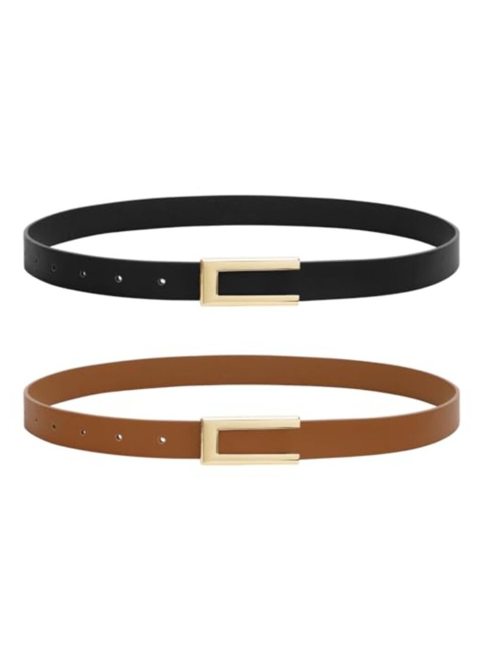 2 Pack Skinny Faux Leather Belts for Women Thin Waist Belt with Gold Buckle